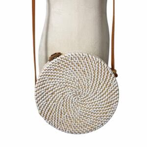 Boho Beach Cottagecore White Natural Rattan Woven Round Crossbody Bag One Size